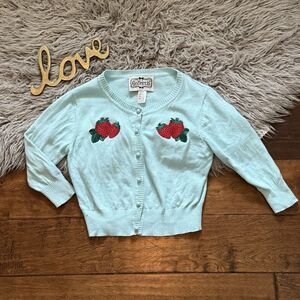 Collectif Cardigan Size 2 XXS Turquoise Strawberry Embroidered 3/4 Sleeve Blue